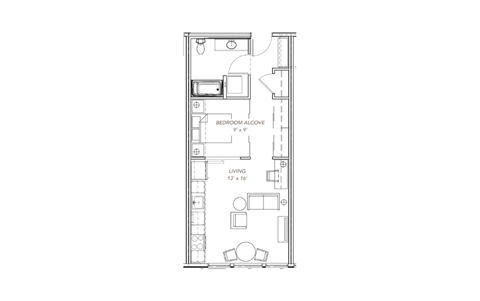 a floor plan of a small apartment with a bedroom and a living room